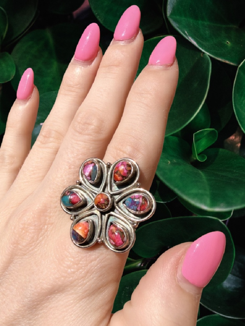 Pink Dahlia Turquoise | Sterling Silver Flower Cluster Ring | Size 6.5-10.5